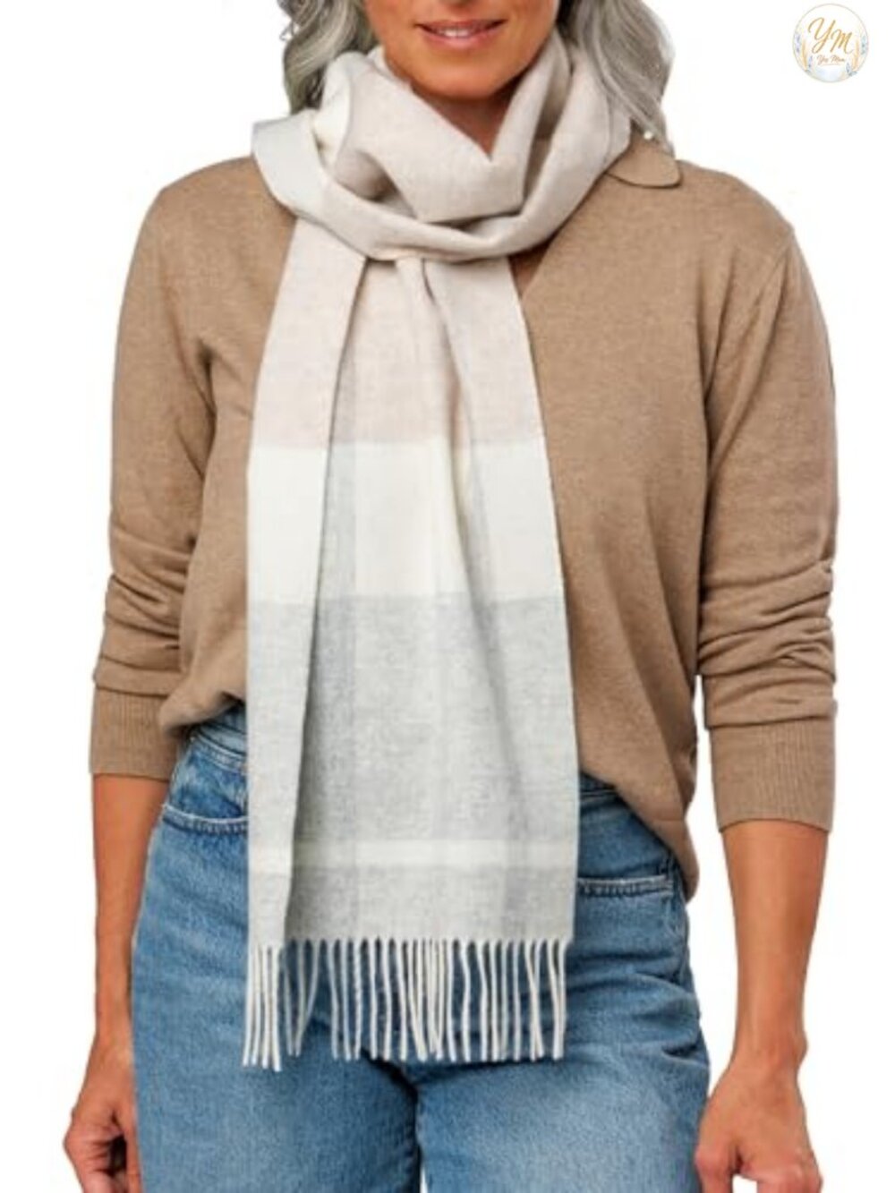100% Cashmere Winter Scarf Classic Plaid Fringe 66x12 Lightweight